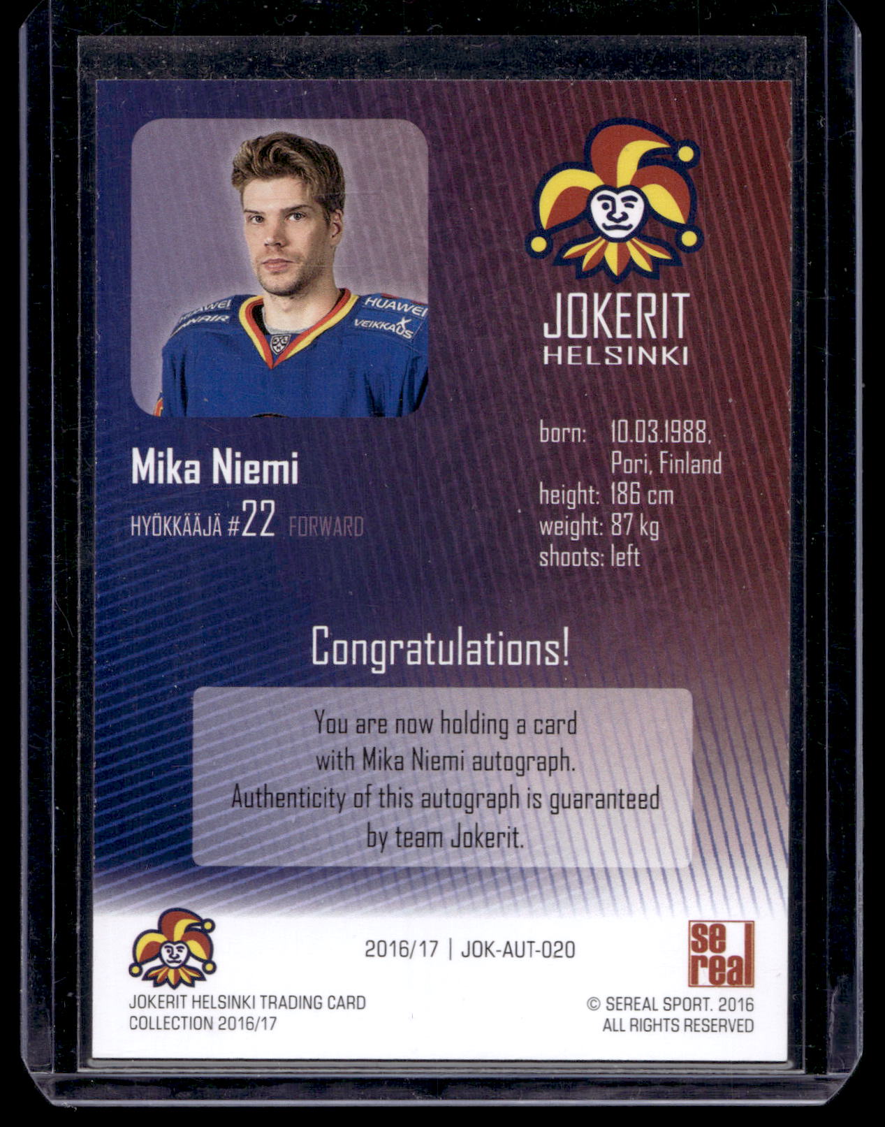 2016-17 Cereal Jokerit Autograph - Mika Niemi #JOK-AUT-020 /50