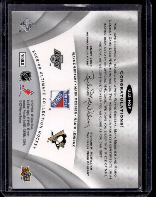 2008-09 Ultimate Collection - Ultimate Trio Jerseys - Wayne Gretzky / Mark Messier / Mario Lemieux #UJ3-HOF /25