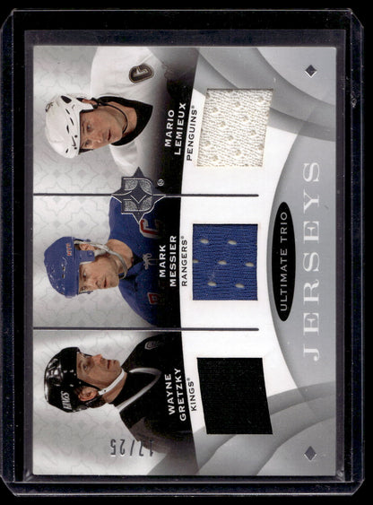 2008-09 Ultimate Collection - Ultimate Trio Jerseys - Wayne Gretzky / Mark Messier / Mario Lemieux #UJ3-HOF /25