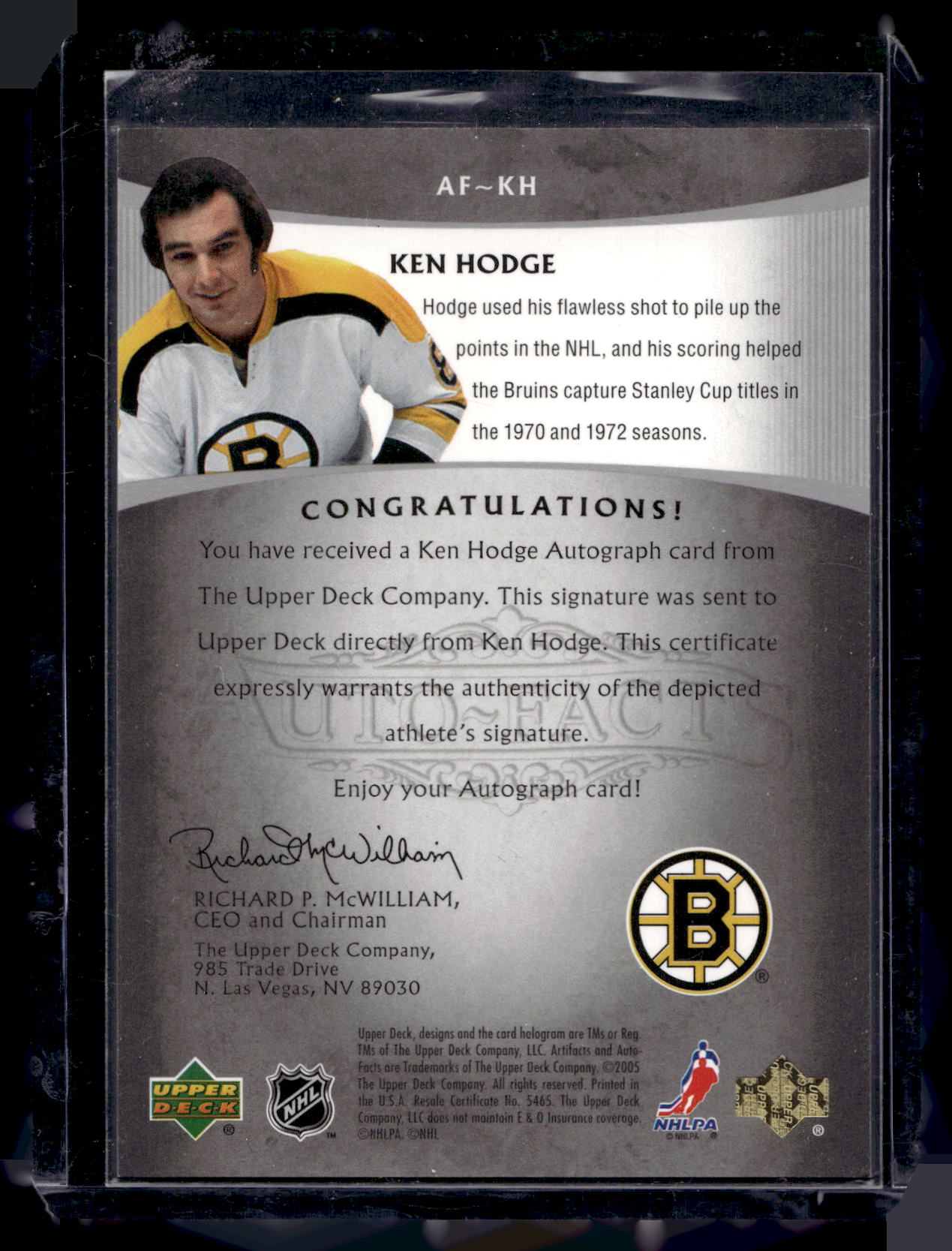 2005-06 Upper Deck Artifacts - Auto-Facts Silver - Ken Hodge #AF-KH /50