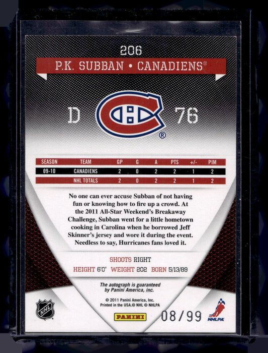 2010-11 Panini Zenith - Donruss Elite Autographs - Dare to Tear - P.K. Subban #206 /99 RY