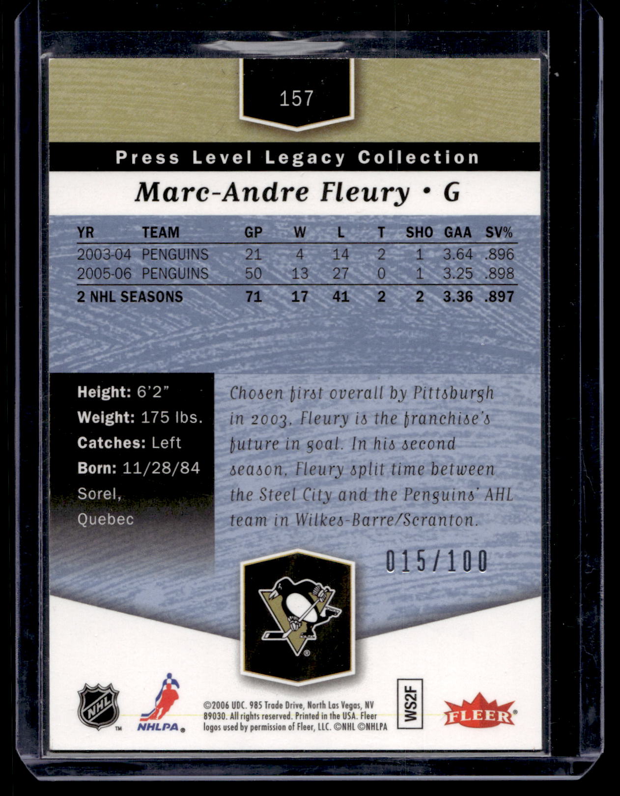2006-07 Flair Showcase - Legacy Collection - Press Level - Marc-Andre Fleury #157 /100
