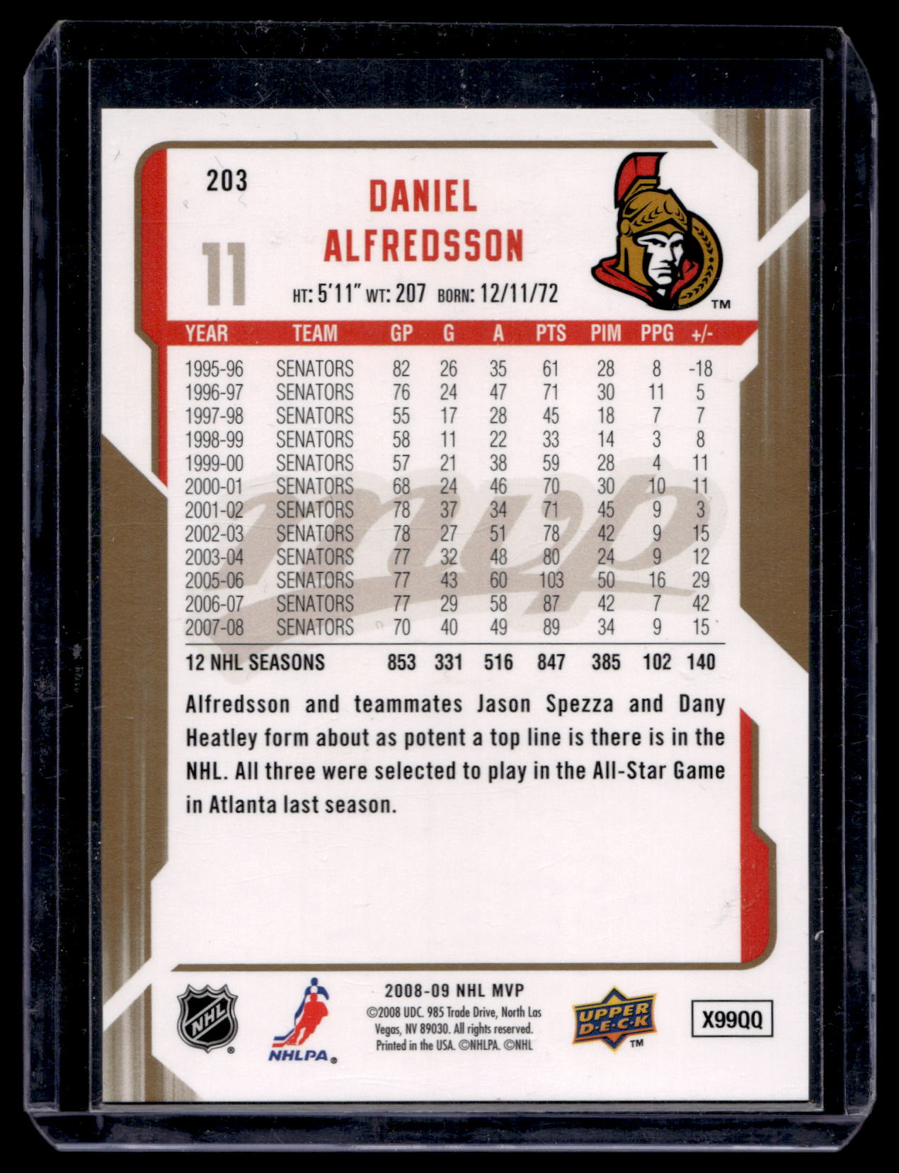 2008-09 Upper Deck MVP - Gold Script - Daniel Alfredsson #203 /100