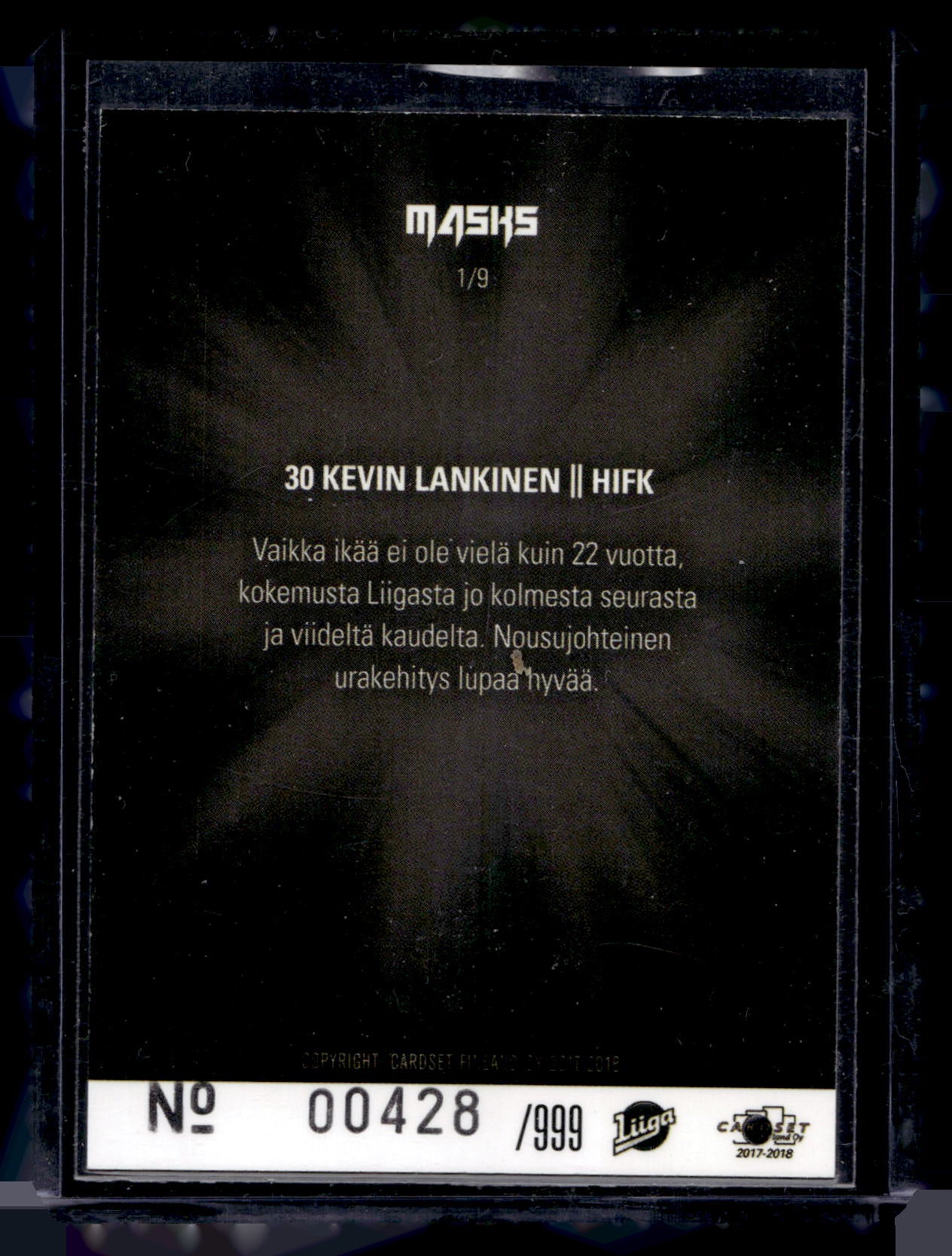 2017-18 Cardset - Masks Blue - Kevin Lankinen #1 /999