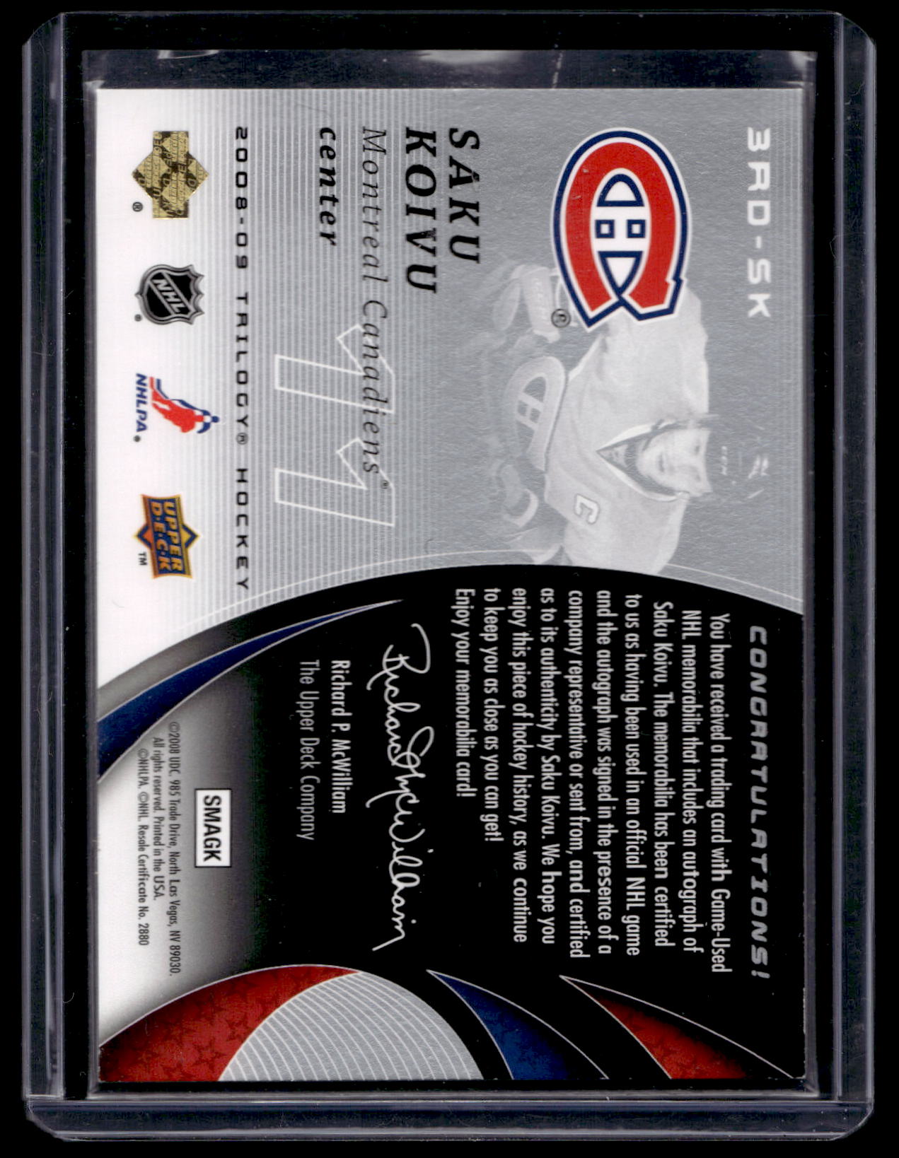 2008-09 Upper Deck Trilogy - Scripted 3rd Star Swatches - Saku Koivu #3RD-SK /100