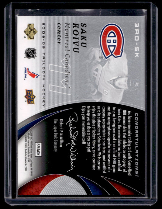 2008-09 Upper Deck Trilogy - Scripted 3rd Star Swatches - Saku Koivu #3RD-SK /100