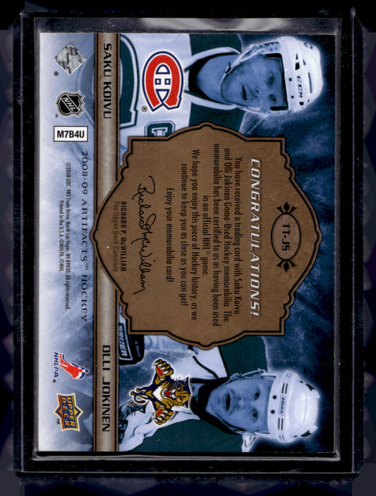 2008-09 Upper Deck Artifacts - Tundra Tandems Dual Jerseys - Gold - Saku Koivu / Olli Jokinen #TT-JS /25