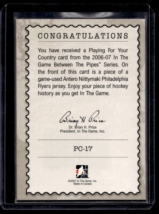 2006-07 In the Game Between the Pipes - Playing For Your Country - Silver - Antero Niitymaki #PC-17
