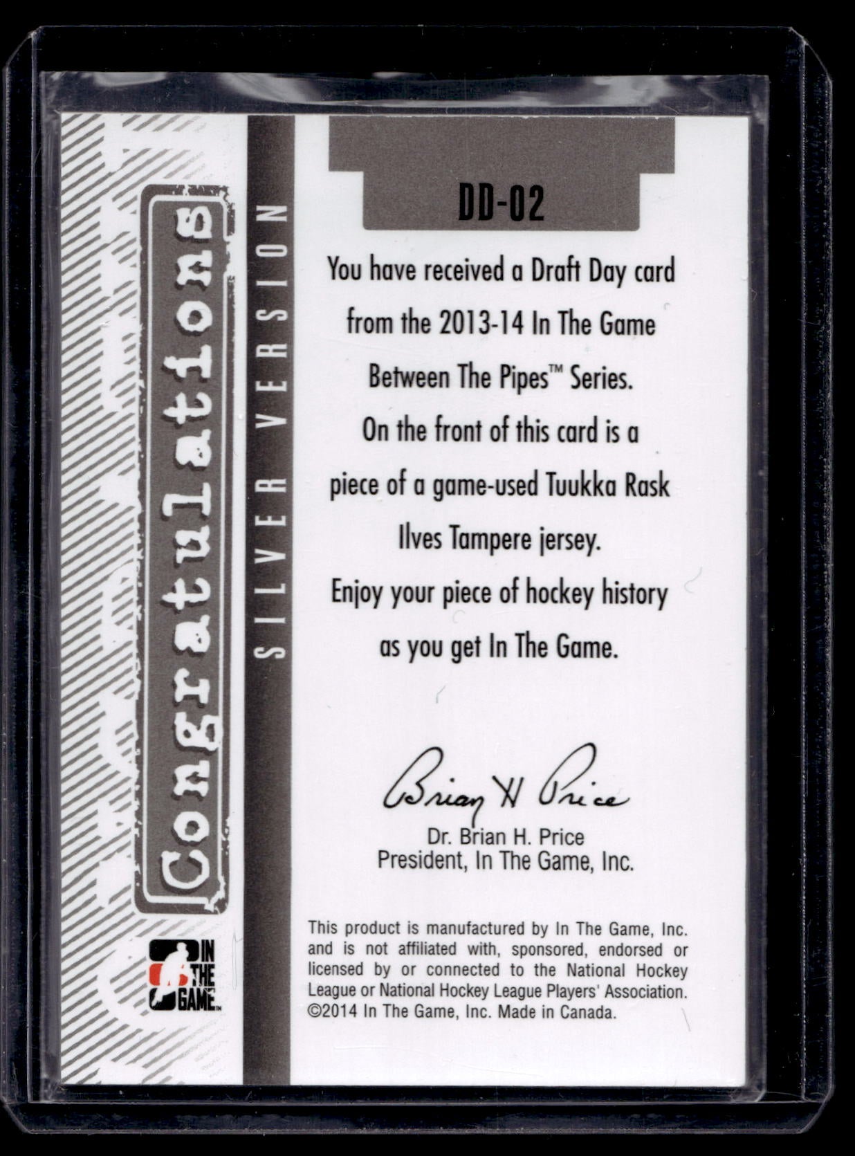 2013-14 In the Game Between the Pipes - Draft Day - Silver - Tuukka Rask  #DD-02 /90