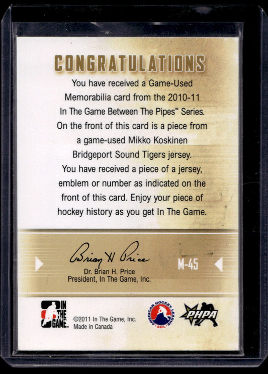 2010-11 In the Game Between the Pipes - Game-Used - Black Number - Mikko Koskinen #M-45 PRC
