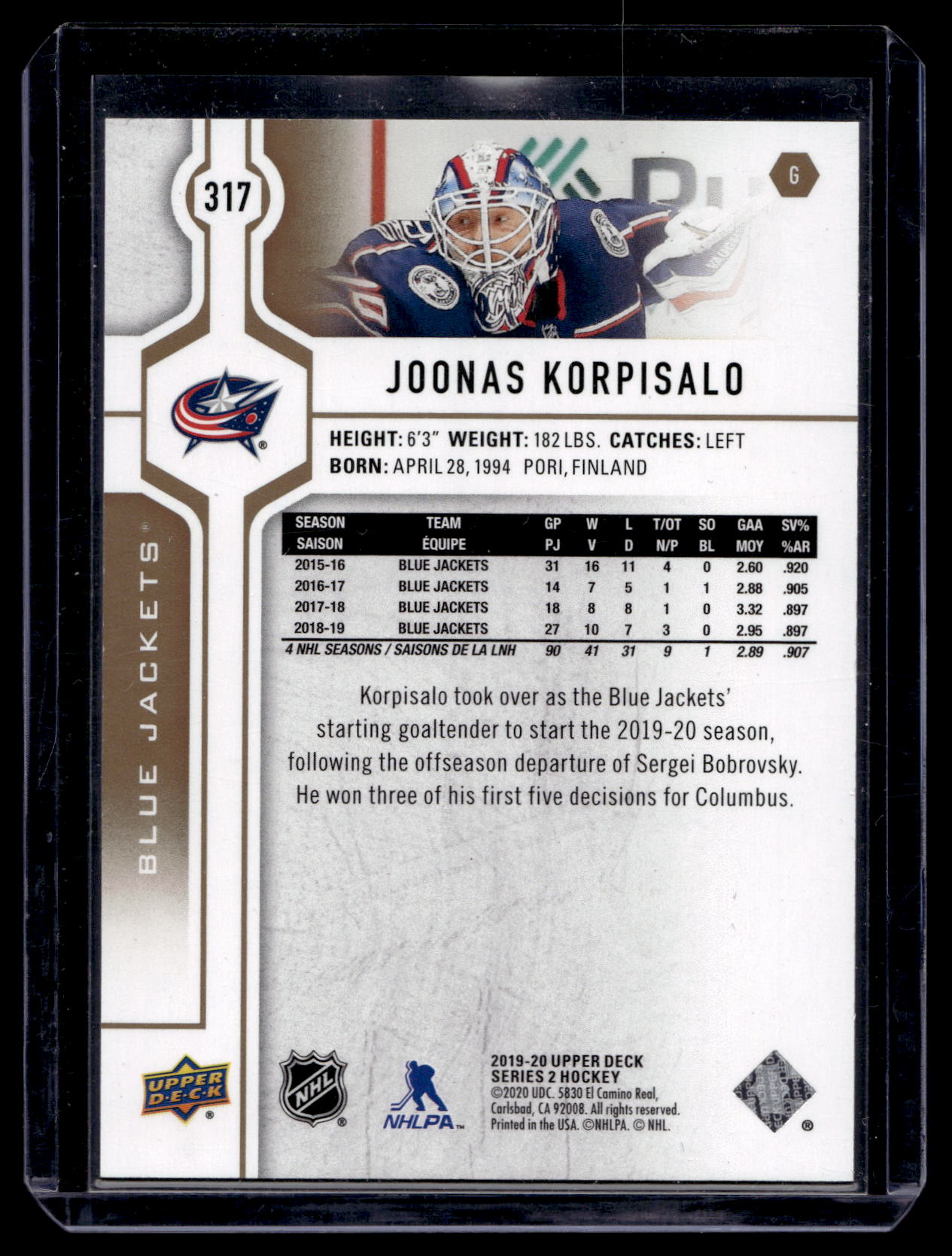 2019-20 Upper Deck -  High Gloss - Joonas Korpisalo #317 /10
