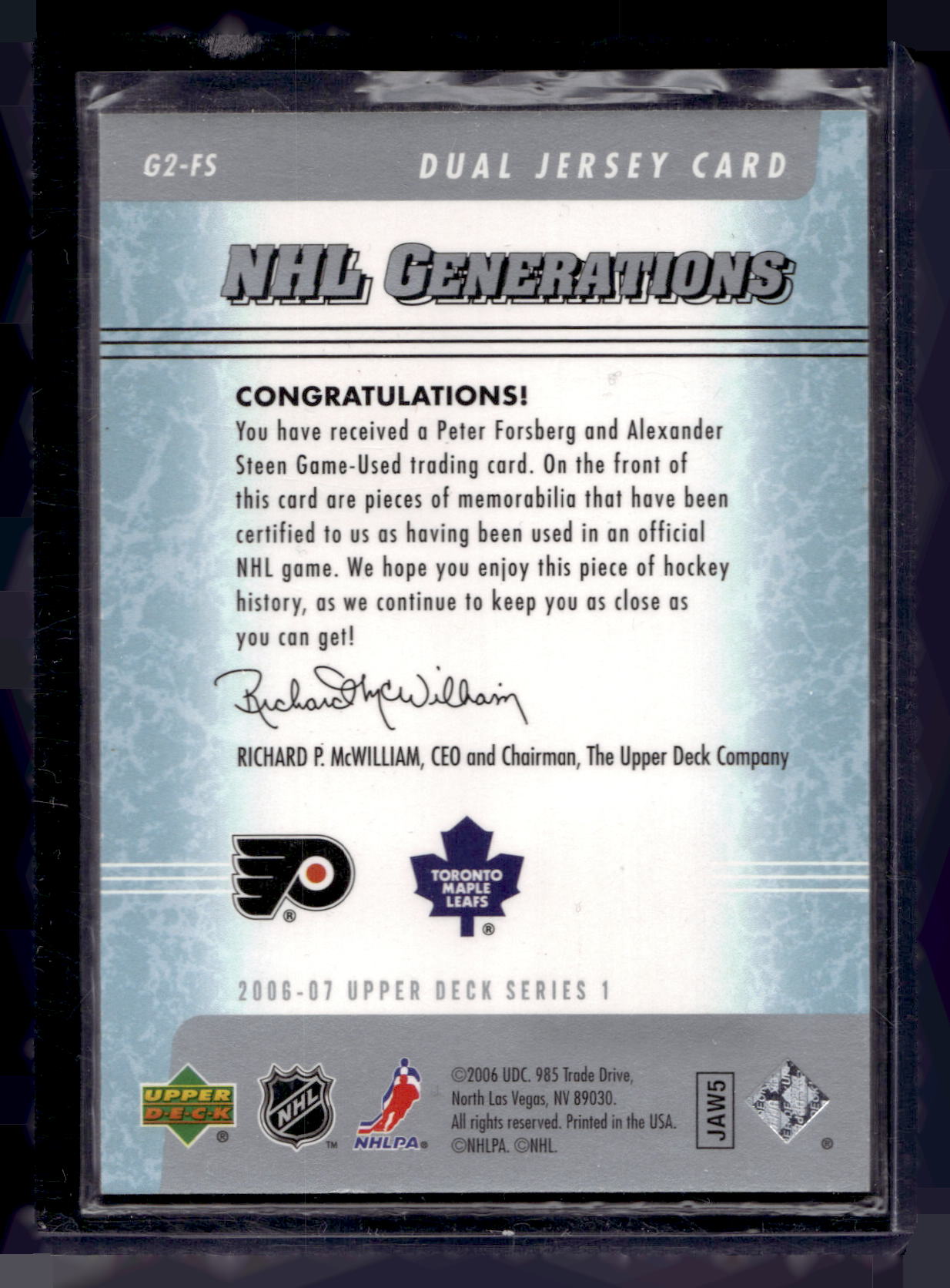 2006-07 Upper Deck - NHL Generations Dual Jersey - Peter Forsberg / Alexander Steen #G2-FS /100