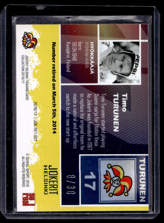2016-17 Sereal Jokerit - Retired Numbers - Timo Turunen #JOK-RET-001 /30