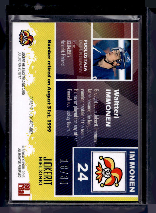 2016-17 Sereal Jokerit - Retired Numbers - Waltteri Immonen #JOK-RET-007 /30