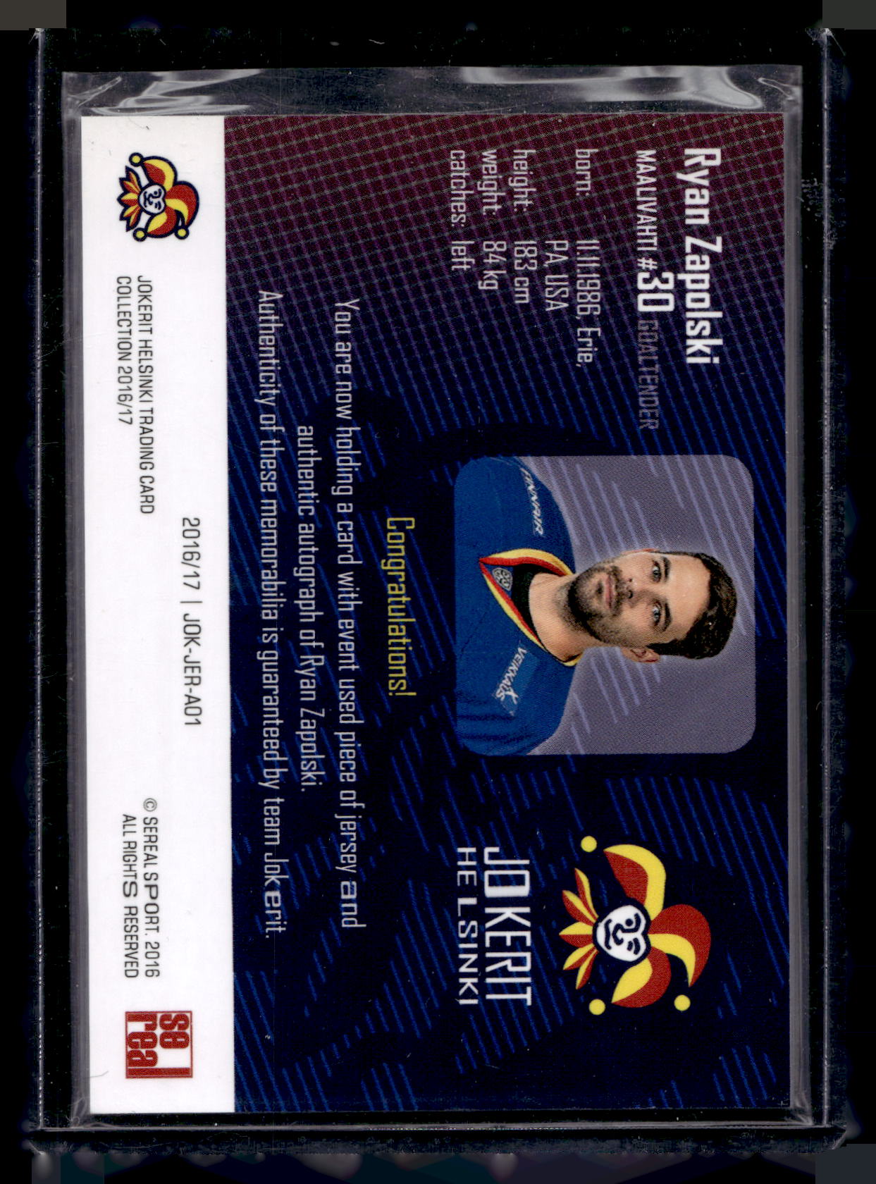 2016-17 Cereal Jokerit Authentic Jersey &amp; Autograph - Ryan Zapolski #JOK-JER-A01 /50
