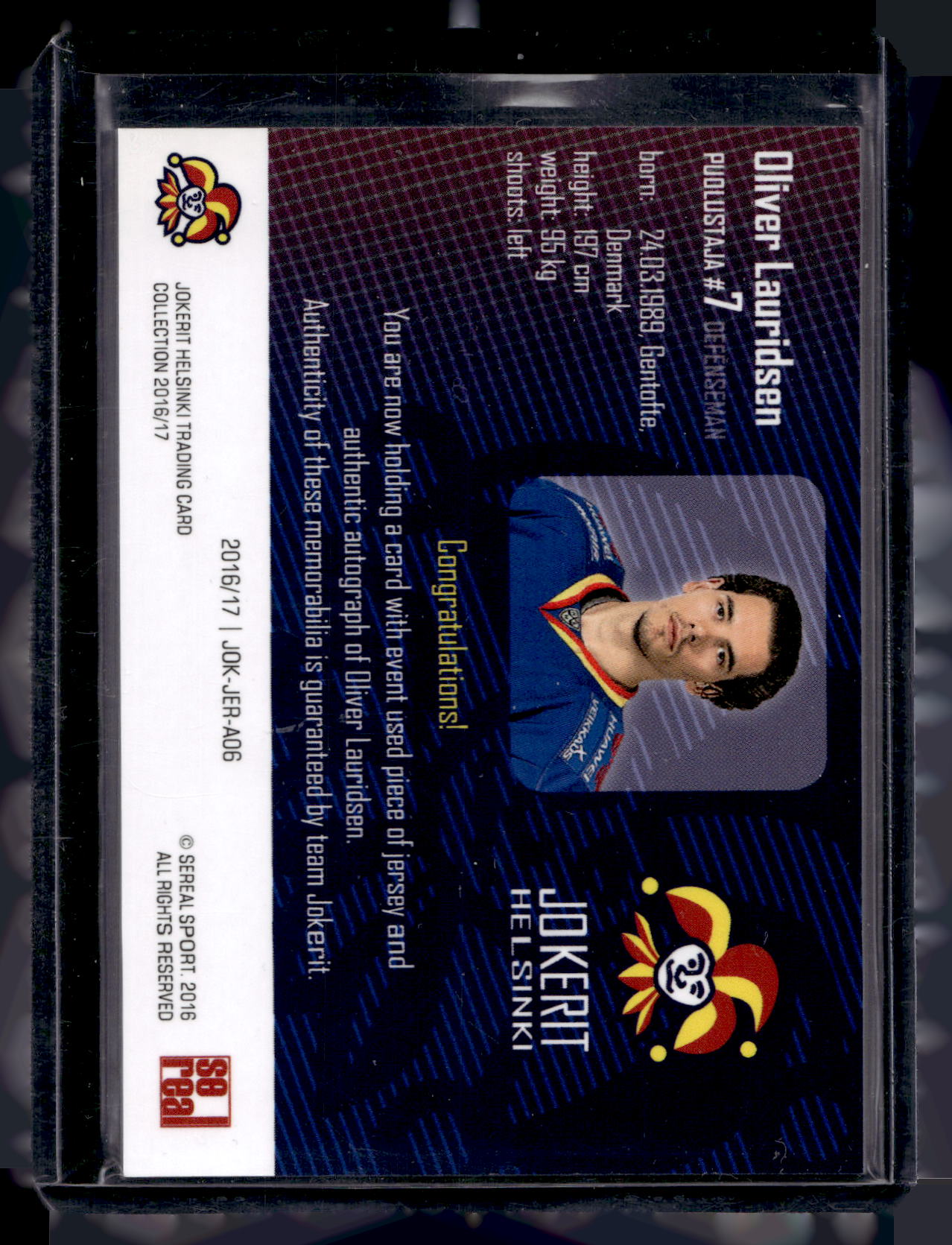 2016-17 Cereal Jokerit Authentic Jersey &amp; Autograph - Oliver Lauridsen #JOK-JER-A06 /50
