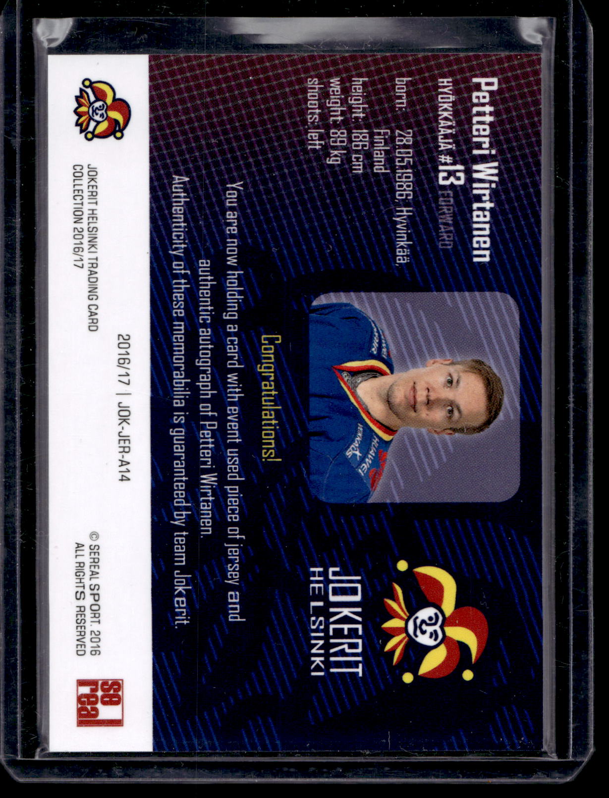 2016-17 Sereal Jokerit Authentic Jersey &amp; Autograph - Petteri Wirtanen #JOK-JER-A14 /50