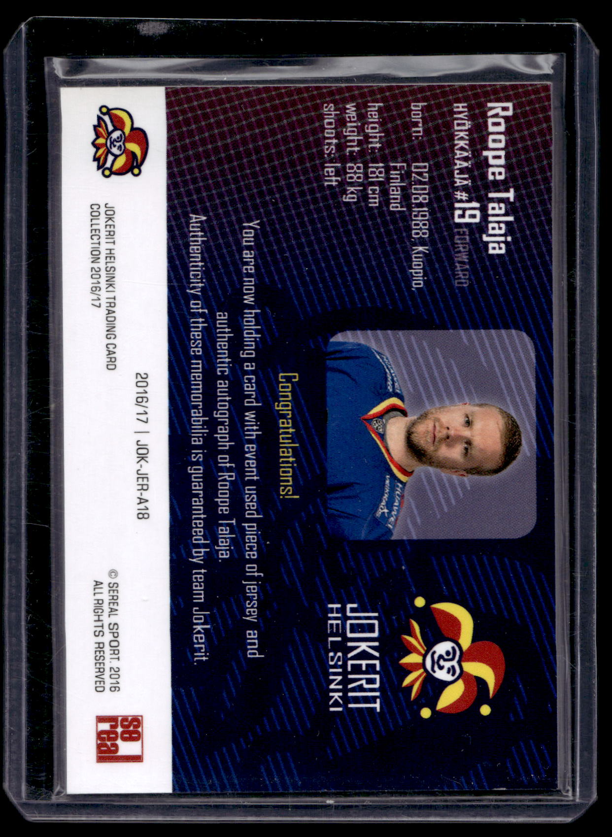 2016-17 Sereal Jokerit Authentic Jersey &amp; Autograph - Roope Talaja #JOK-JER-A18 /50