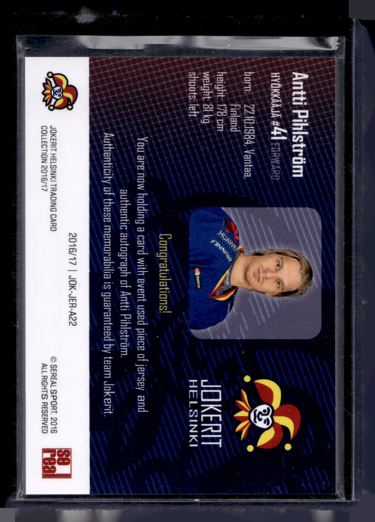 2016-17 Sereal Jokerit Authentic Jersey &amp; Autograph - Antti Pihlström #JOK-JER-A22 /50