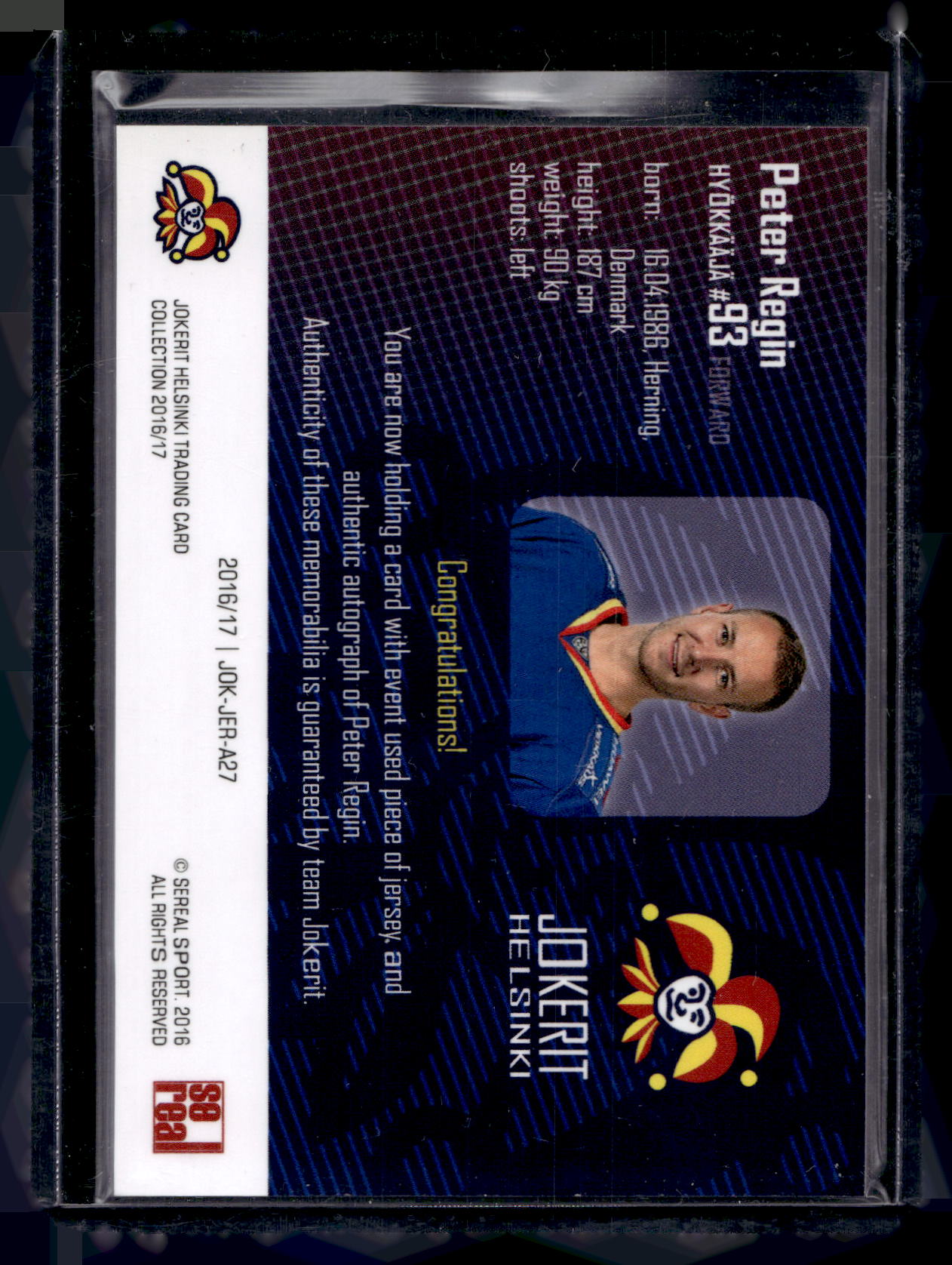 2016-17 Cereal Jokerit Authentic Jersey &amp; Autograph - Peter Regin #JOK-JER-A27 /50