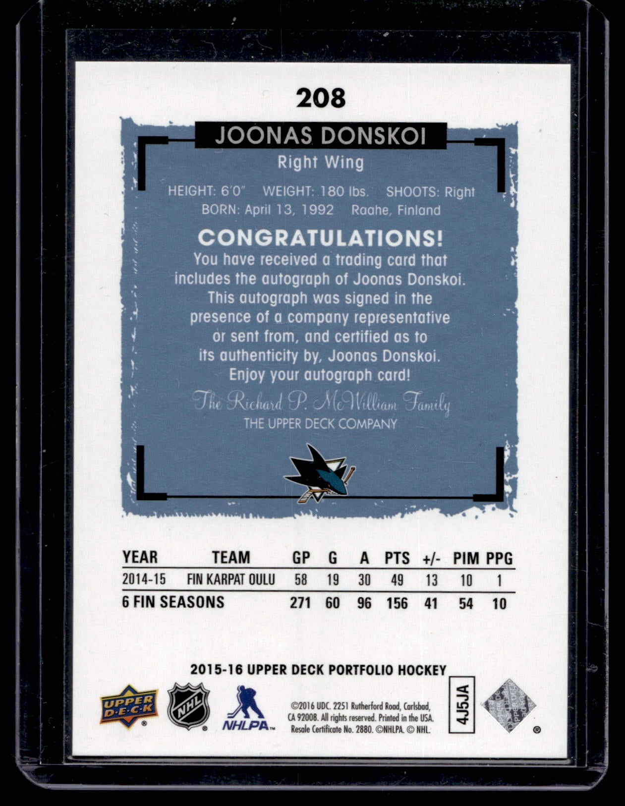 2015-16 Upper Deck Portfolio - Autographs  Rookie Color Photos - Joonas Donskoi #208 RC