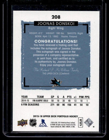 2015-16 Upper Deck Portfolio - Autographs  Rookie Color Photos - Joonas Donskoi #208 RC
