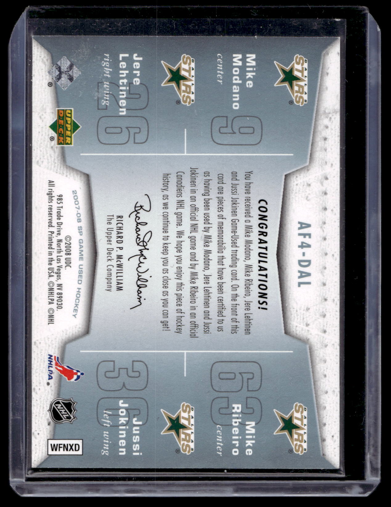 2007-08 Upper Deck SP Game Used Edition - Authentic Fabrics Quad - Mike Modano / Jere Lehtinen / Mike Ribeiro / Jussi Jokinen #AF4-DAL /10