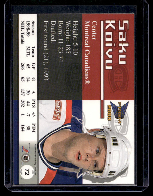 1999-00 Pacific Prism - Holographic Blue - Saku Koivu #72 /80
