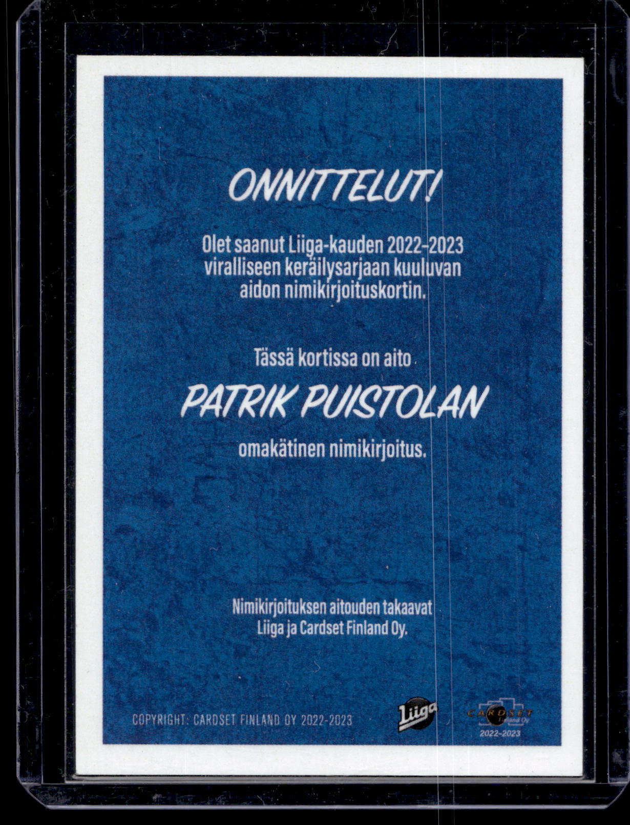 2022-23 Cardset Signature -  Patrik Puistola /100