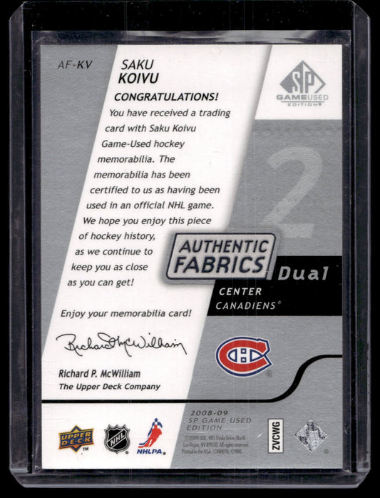 2008-09 Upper Deck SP Game Used Edition - Authentic Fabrics Dual - Saku Koivu #AF-KV