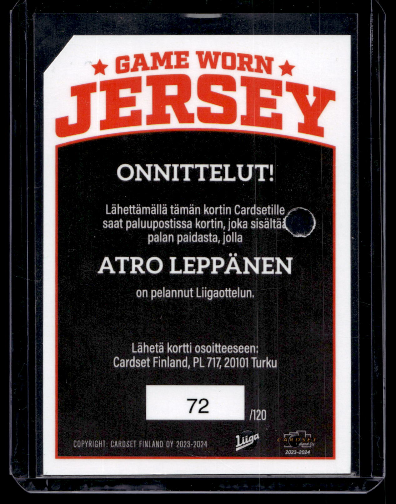 2023-24 Cardset - Game Worn Jersey - Arto Leppänen /128