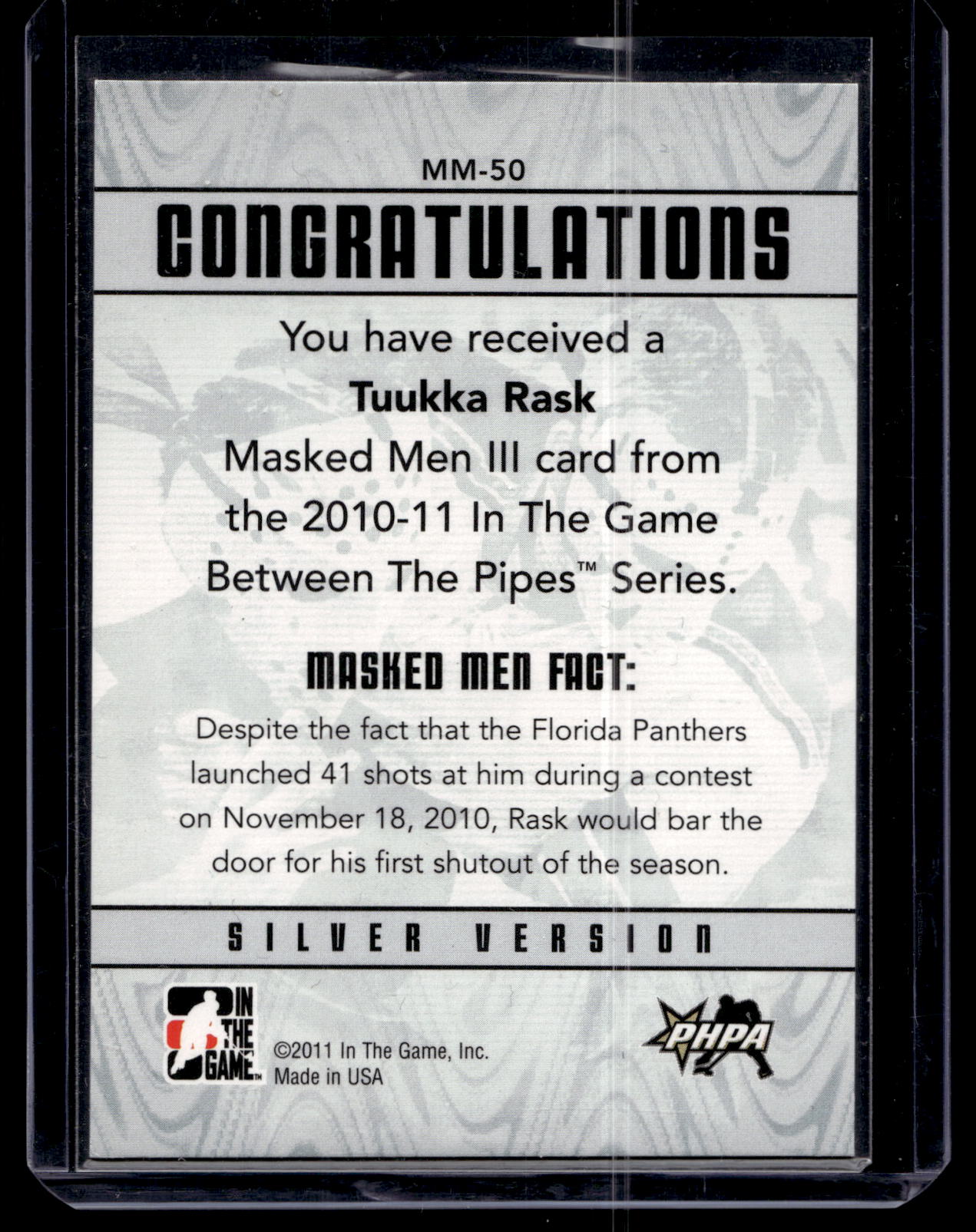 2010-11 In the Game Between the Pipes - Masked Men III - Silver - Tuukka Rask #MM-50 PR100