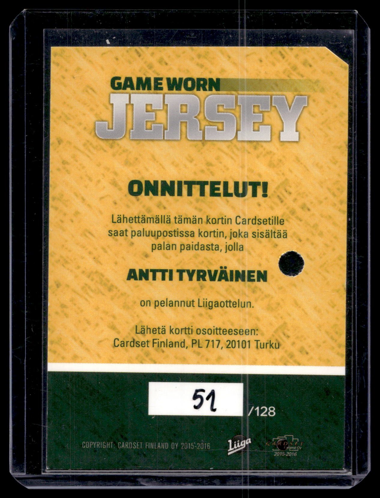 2015-16 Cardset - Game Worn Jersey - Antti Tyrväinen /128