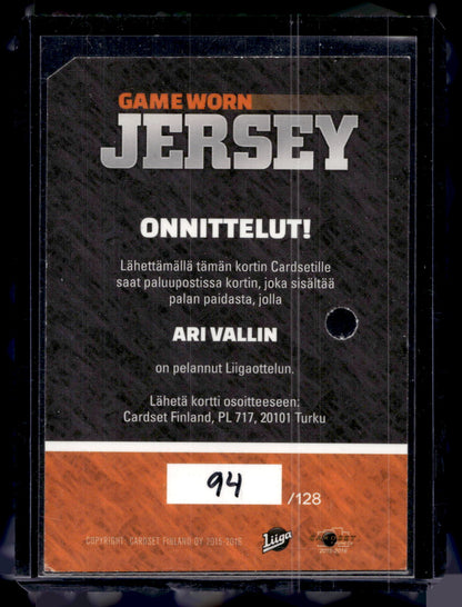 2015-16 Cardset - Game Worn Jersey - Ari Wallin /128