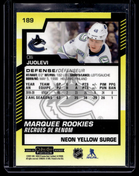 2020-21 Upper Deck OPC Platinum - Neon Yellow Surge - Marquee Rookies - Olli Juolevi #189 RC