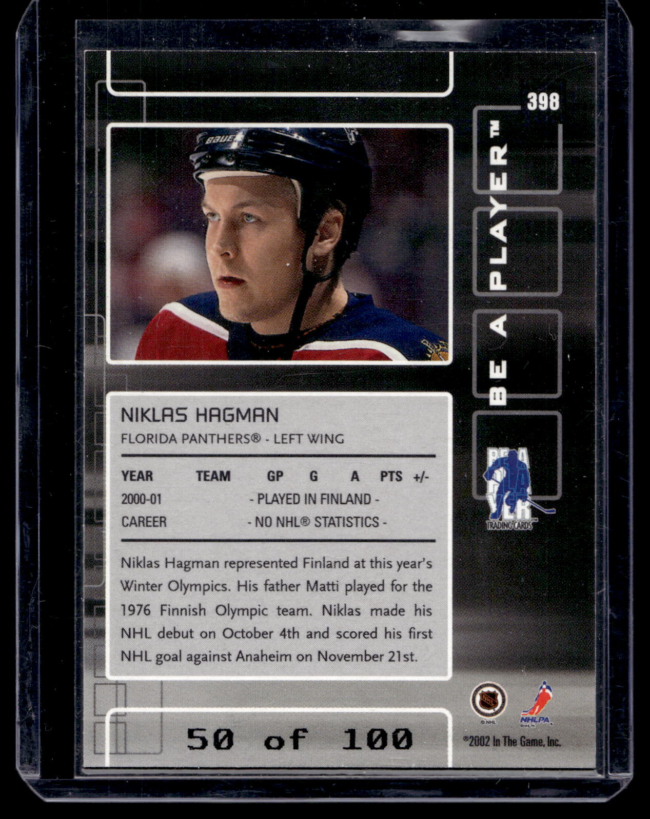 2001-02 In the Game Be A Player Memorabilia - Sapphire - Niklas Hagman #398 /100 RC