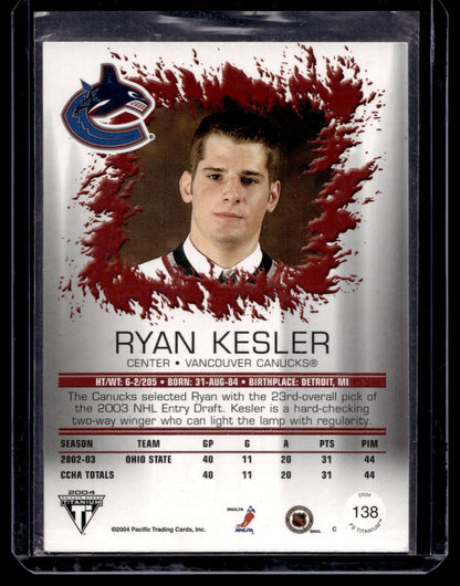 2003-04 Pacific Private Stock Titanium - Hobby Jersey Number - Ryan Kesler #138 /199 RC