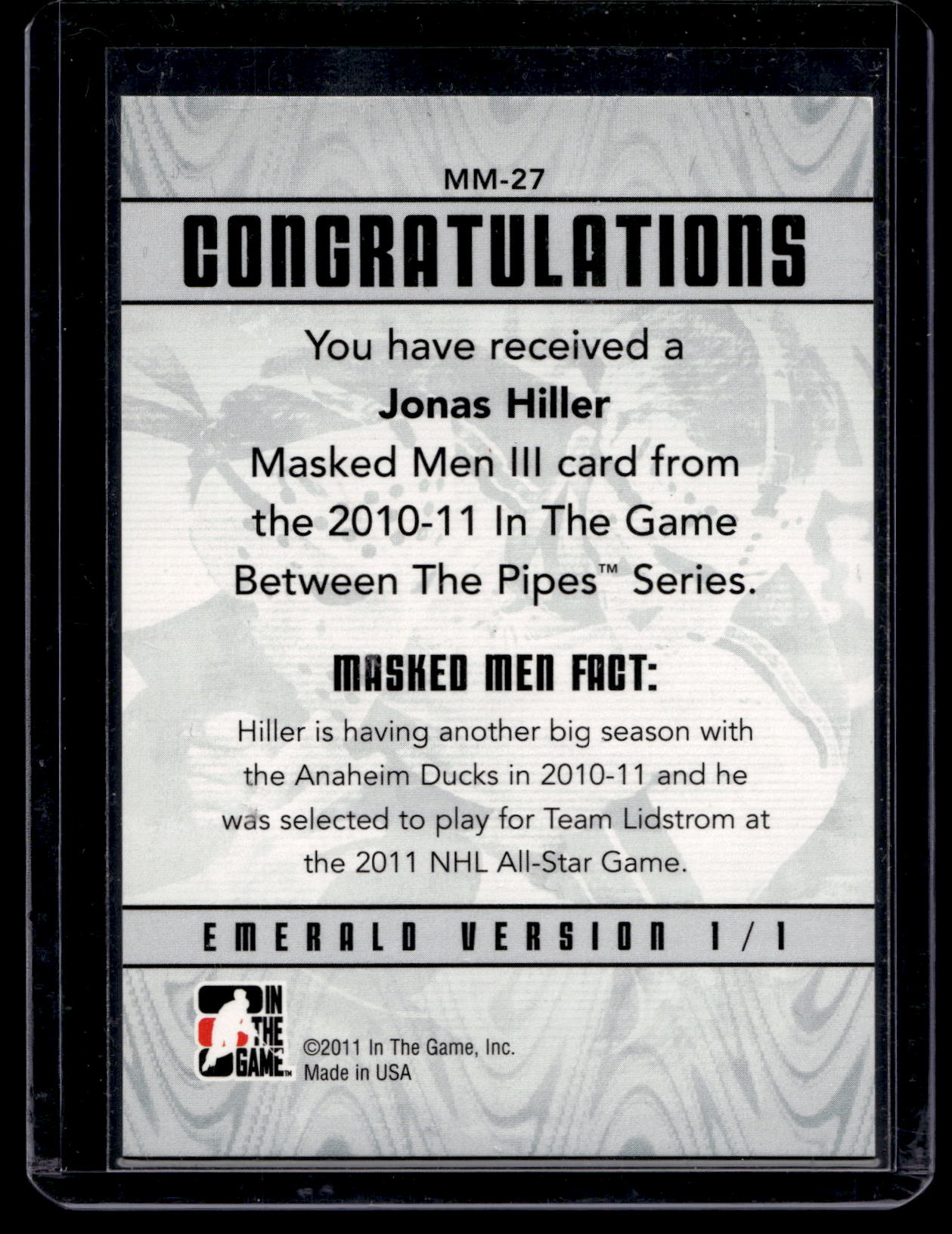 2010-11 In the Game Between the Pipes - Masked Men III - Emerald - Jonas Hiller #MM-27 PR340