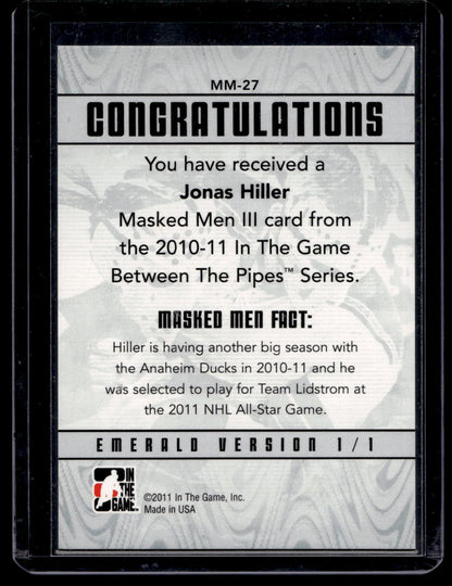 2010-11 In the Game Between the Pipes - Masked Men III - Emerald - Jonas Hiller #MM-27 PR340