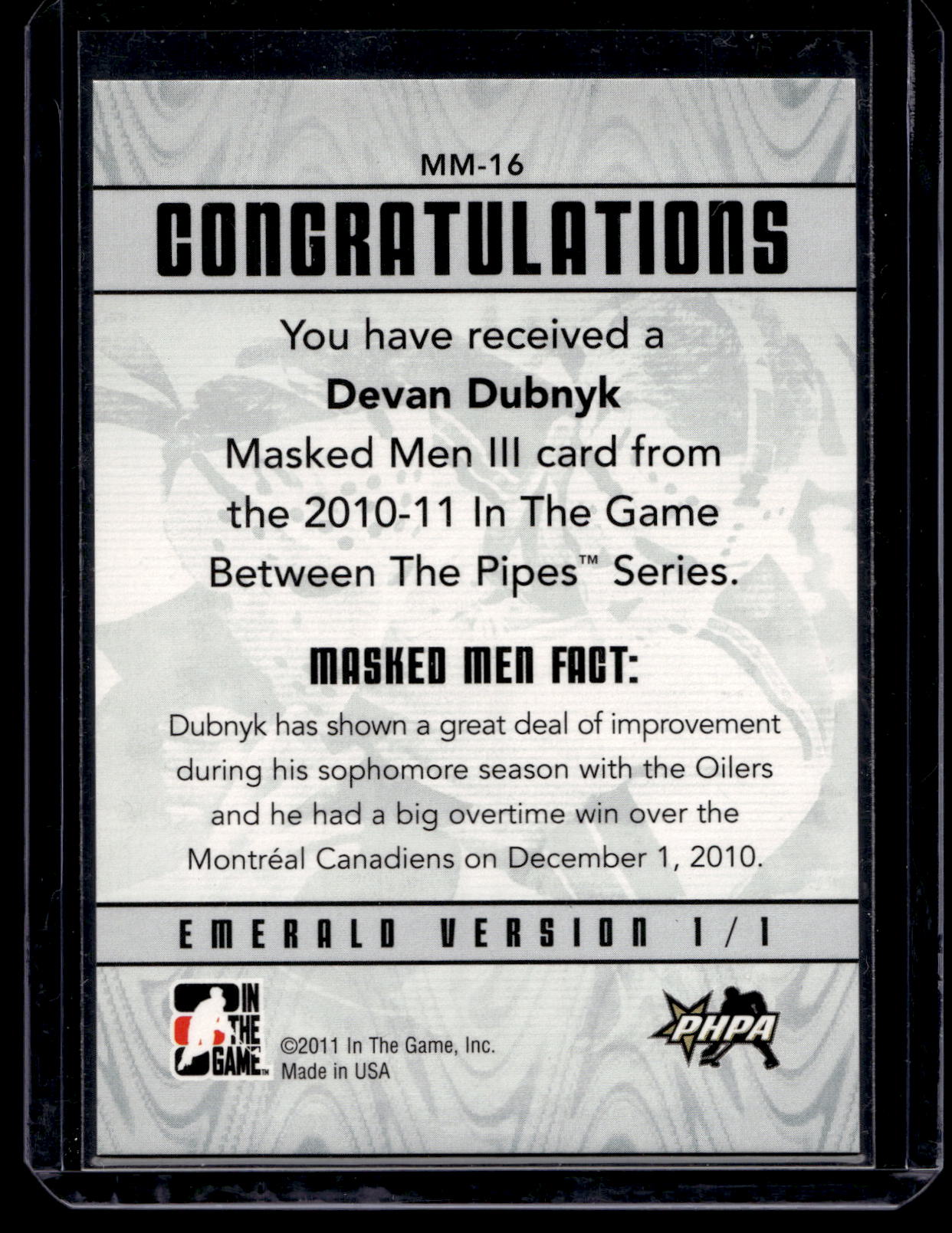 2010-11 In the Game Between the Pipes - Masked Men III - Emerald - Devan Dubnyk #MM-16 PR340