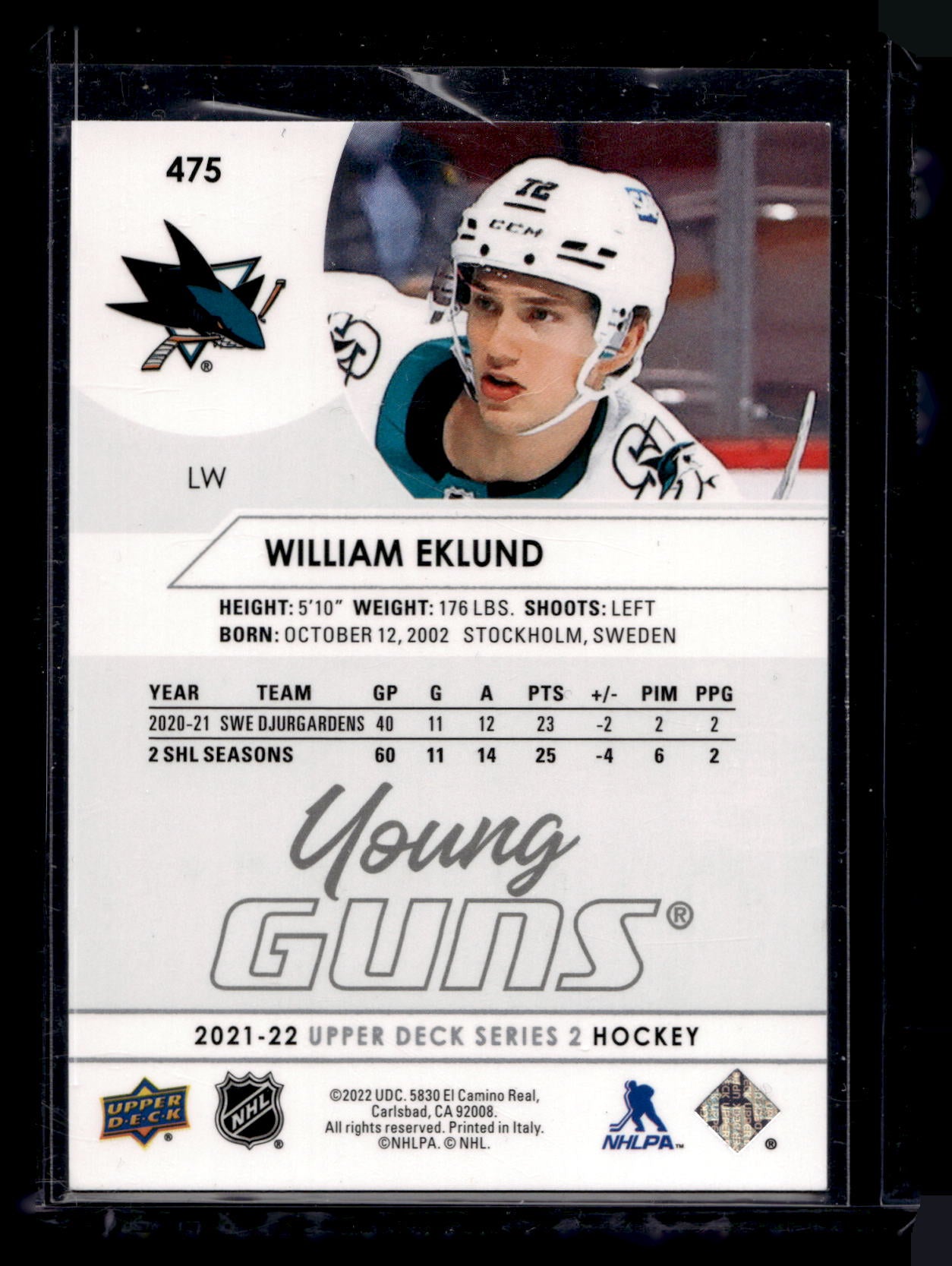 2021-22 Upper Deck Series -  Young Guns - William Eklund #475 RC