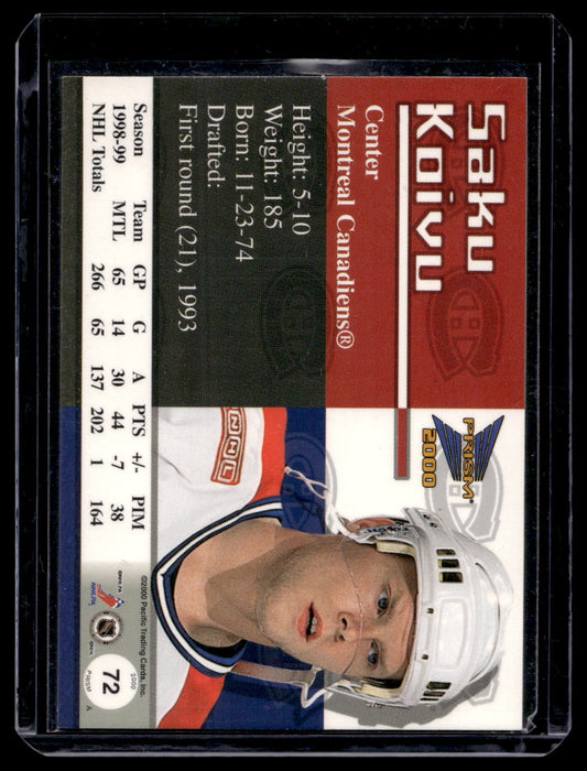 1999-00 Pacific Prism - Holographic Gold - Saku Koivu #72 /480