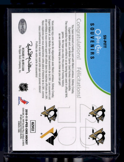 2010-11 O-Pee-Chee - Souvenirs Quadruple Game Used Jerseys - Mario Lemieux / Sidney Crosby / Evgeni Malkin / Joe Mullen #SV-PITT