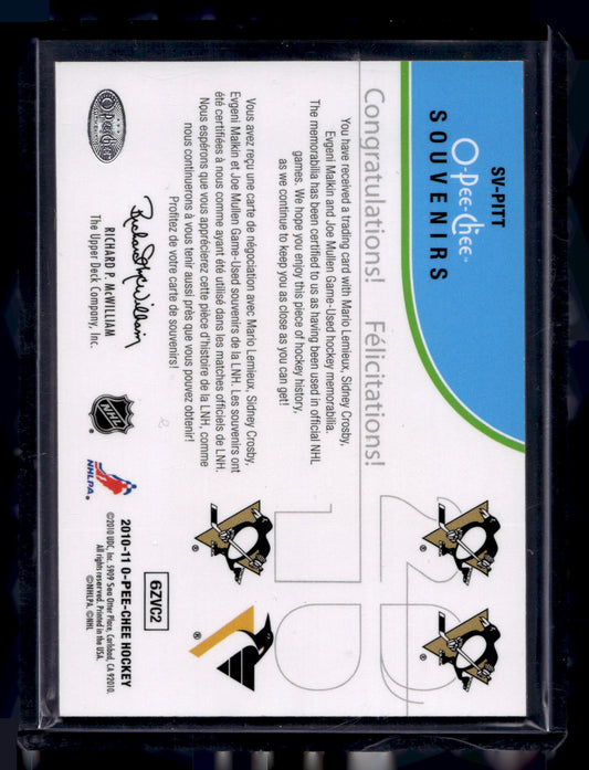2010-11 O-Pee-Chee - Souvenirs Quadruple Game Used Jerseys - Mario Lemieux / Sidney Crosby / Evgeni Malkin / Joe Mullen #SV-PITT