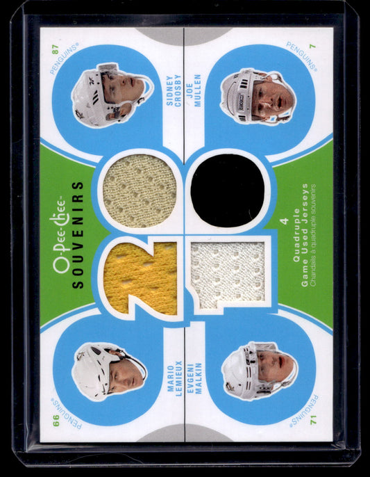 2010-11 O-Pee-Chee - Souvenirs Quadruple Game Used Jerseys - Mario Lemieux / Sidney Crosby / Evgeni Malkin / Joe Mullen #SV-PITT